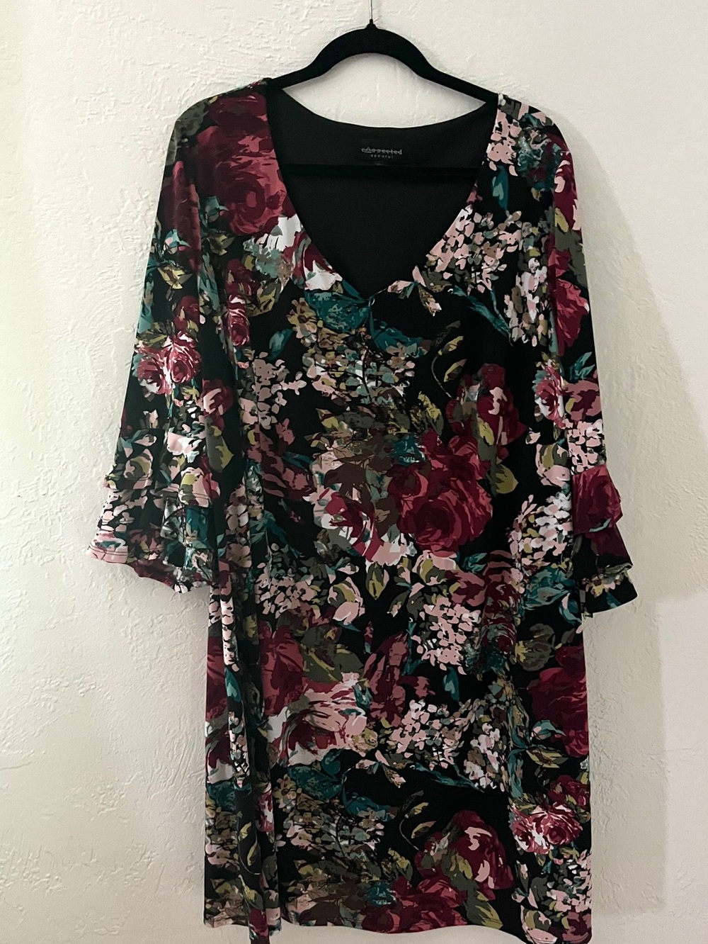 connected apparel Black Floral V-Neck Dress with Burgundy & green Accents co1
